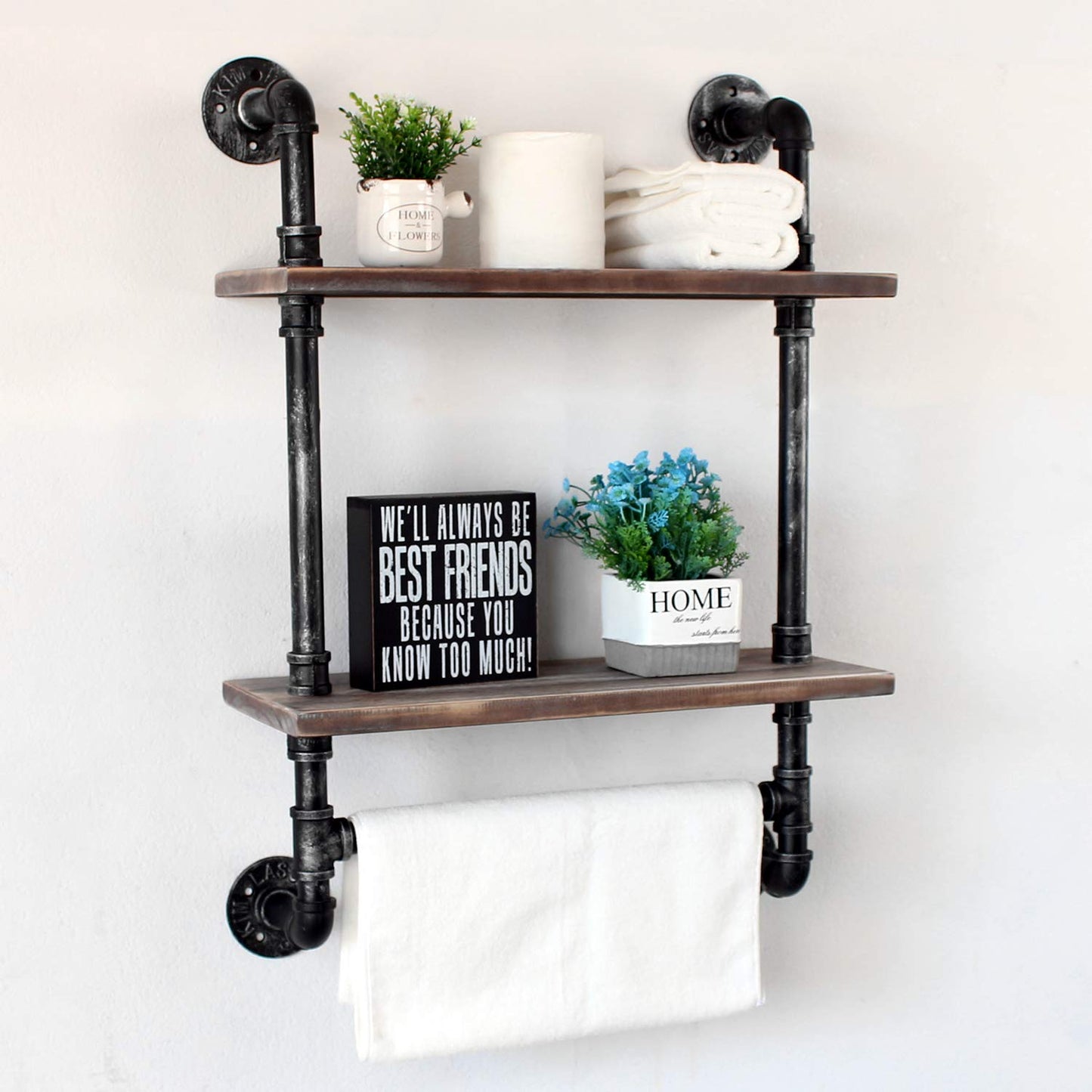 Industrial Pipe Shelf Bathroom Shelves Wall Mounted,19.6in Rustic Wood Shelf with Towel Bar,2 Tier Farmhouse Towel Rack Over Toilet,Pipe Shelving Floating Shelves Towel Holder,Retro Grey - WoodArtSupply