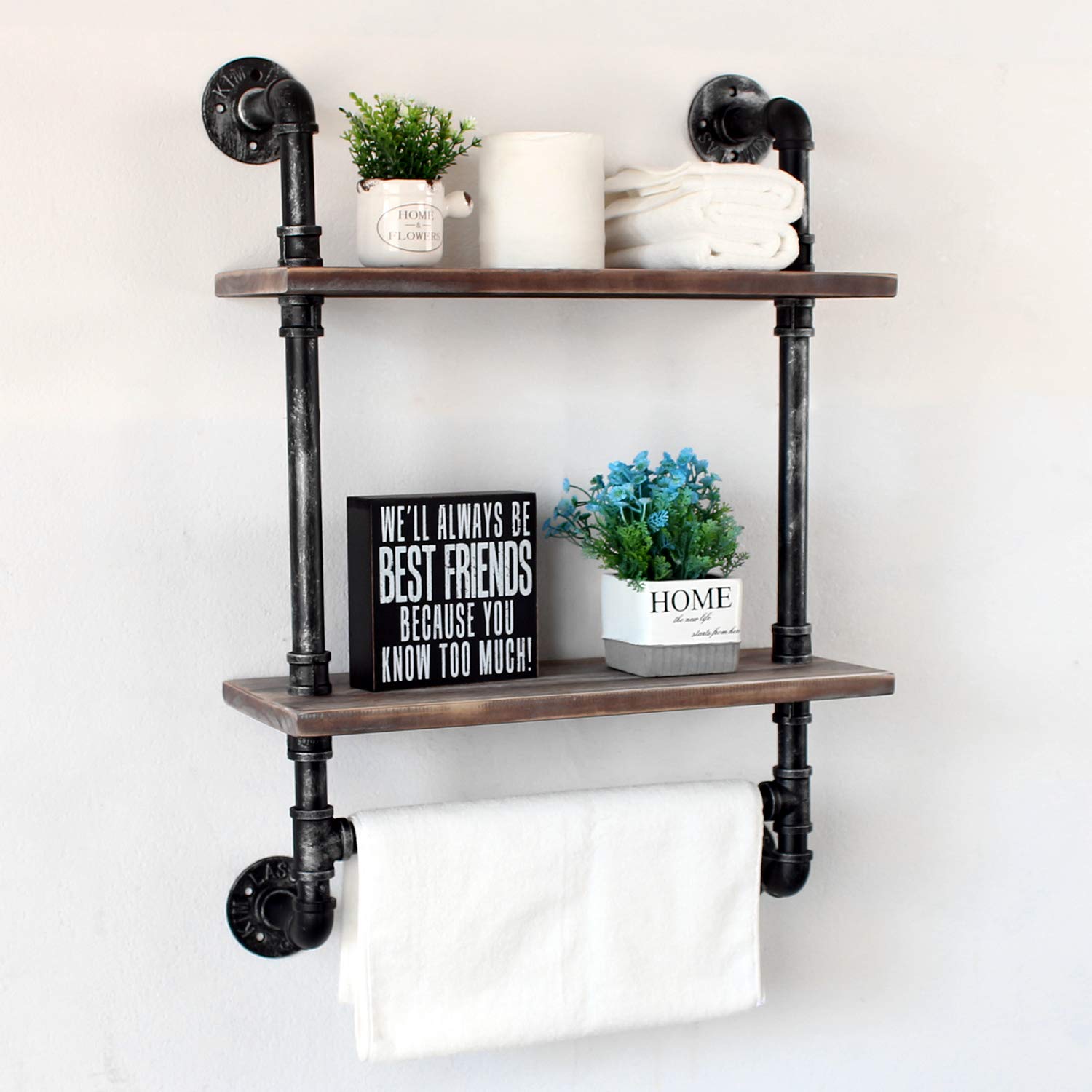 Industrial Pipe Shelf Bathroom Shelves Wall Mounted,19.6in Rustic Wood Shelf with Towel Bar,2 Tier Farmhouse Towel Rack Over Toilet,Pipe Shelving Floating Shelves Towel Holder,Retro Grey - WoodArtSupply