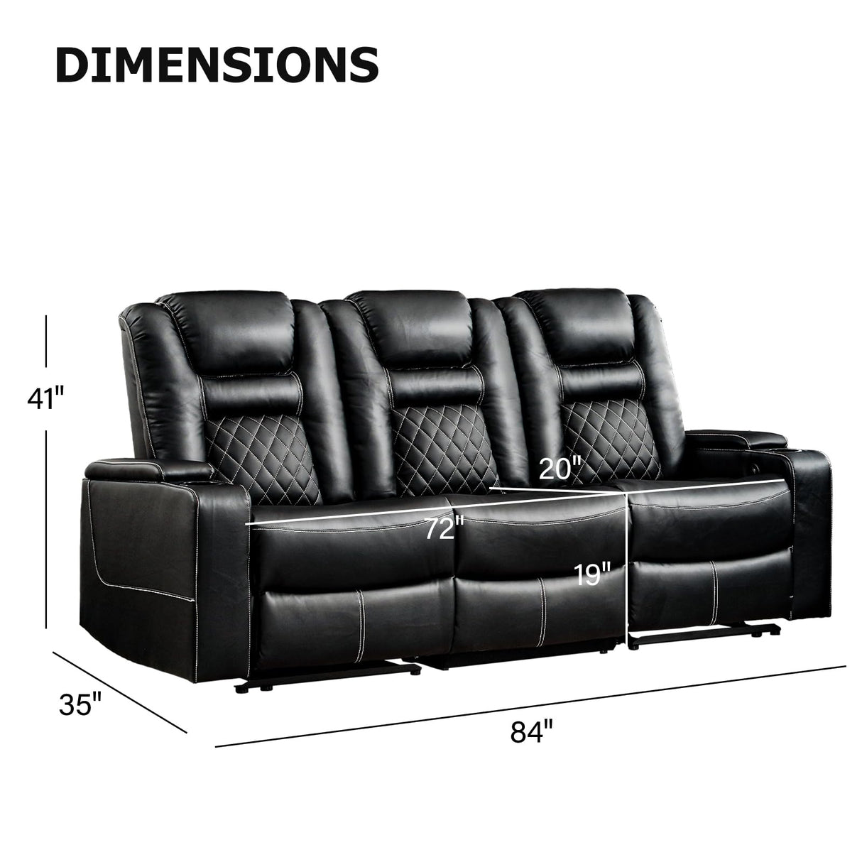 CANMOV Home Theater Seating Seats, Theater Recliner Chair Sofa, PU Leather 3 seat Power Recliner Sofa with Cup Holders, Hidden Arm Storage, USB Ports,Black CANMOV