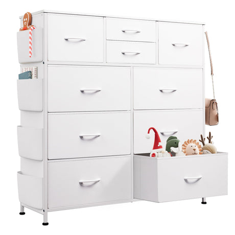 WLIVE White Dresser for Bedroom with 10 Drawers, Chest of Drawers with Side Pockets and Hooks, PU Storage Dresser, Sturdy Metal Frame, Drawers Organizer Unit for Living Room, Hallway, Closet WLIVE