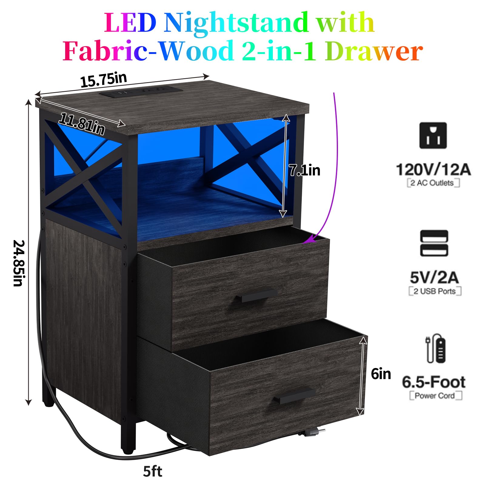 HDDDZSW LED Nightstand with Charging Station, Side Table with USB Ports and Outlets, End Table for Small Spaces, Grey Bedside Tables with Fabric-Wood 2-in-1 Drawer for Bedroom, Living Room, O - WoodArtSupply