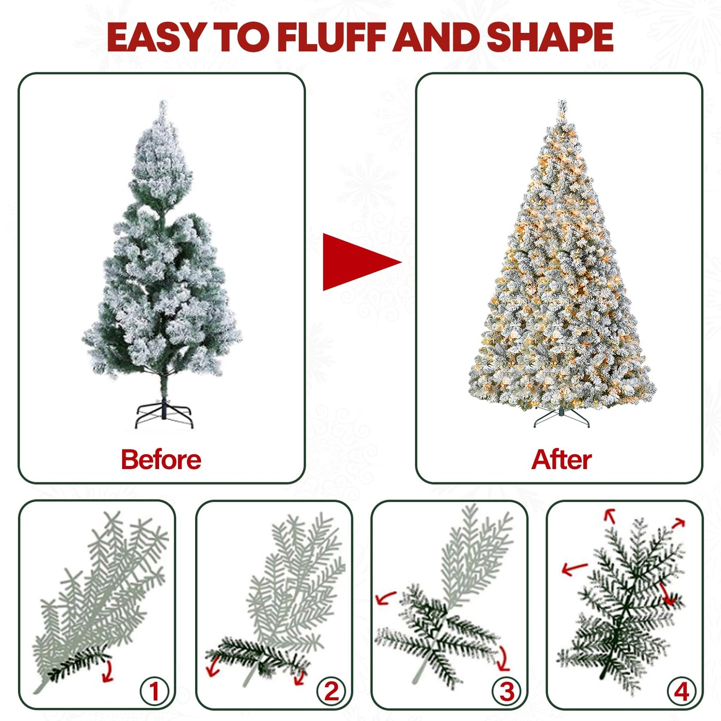 VIVATREES 6ft Prelit Snow Flocked Christmas Tree with 250 Warm White Lights, Artificial Holiday Xmas Tree with 551 PVC Branch Tips, Easy Assembly w/Metal Stand and Hinged Branches, 10 Color Modes