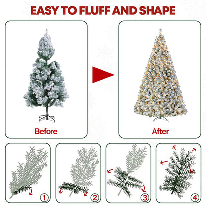 VIVATREES 6ft Prelit Snow Flocked Christmas Tree with 250 Warm White Lights, Artificial Holiday Xmas Tree with 551 PVC Branch Tips, Easy Assembly w/Metal Stand and Hinged Branches, 10 Color Modes