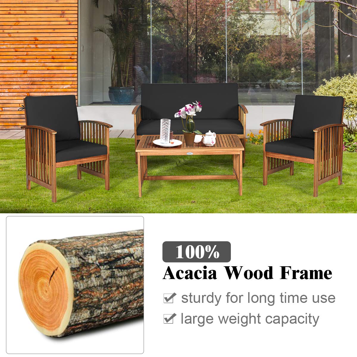 Tangkula Outdoor 4 PCS Acacia Wood Sofa Set w/Water Resistant Cushions, Padded Patio Seating Chat Set w/Coffee Table for Garden, Backyard, Poolside (1, Black) - WoodArtSupply