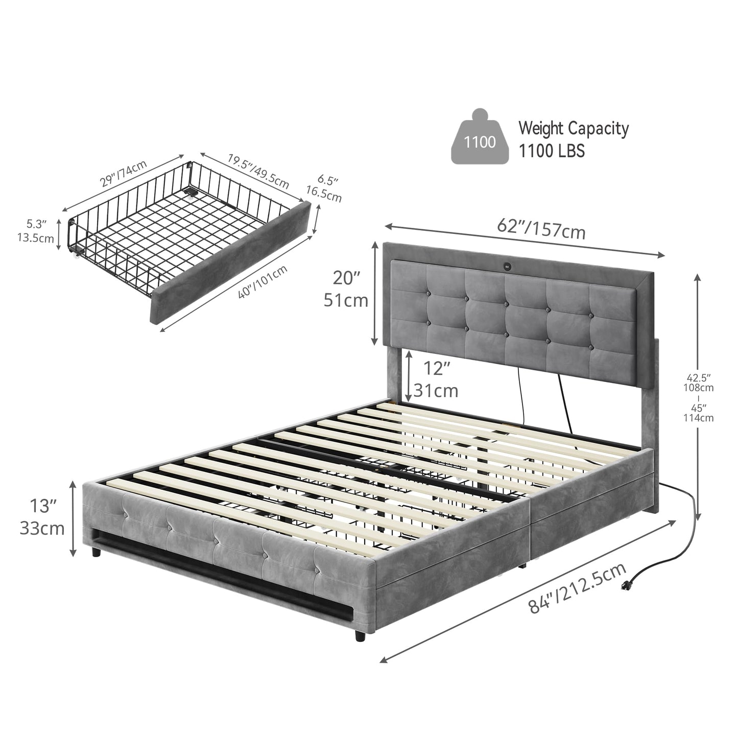 YITAHOME Queen Size LED Storage Bed Frame with USB Ports & Velvet Upholstered Headboard, Grey