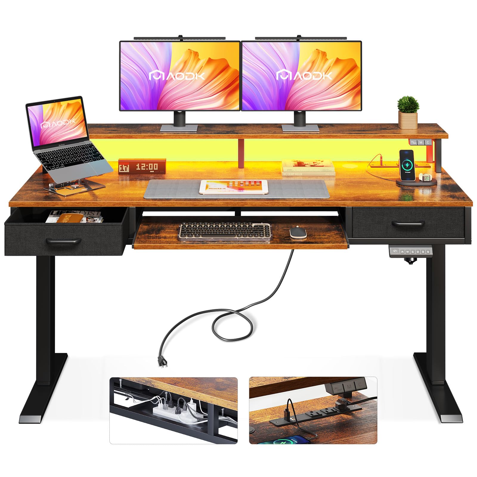 AODK Electric Standing Desk with 2 Drawers & Keyboard Tray and USB & LED Lights, 55inch Rustic Brown, Height Adjustable Desk with Power Outlets & LED Lights, Stand Up Desk with Monitor Shelf - WoodArtSupply