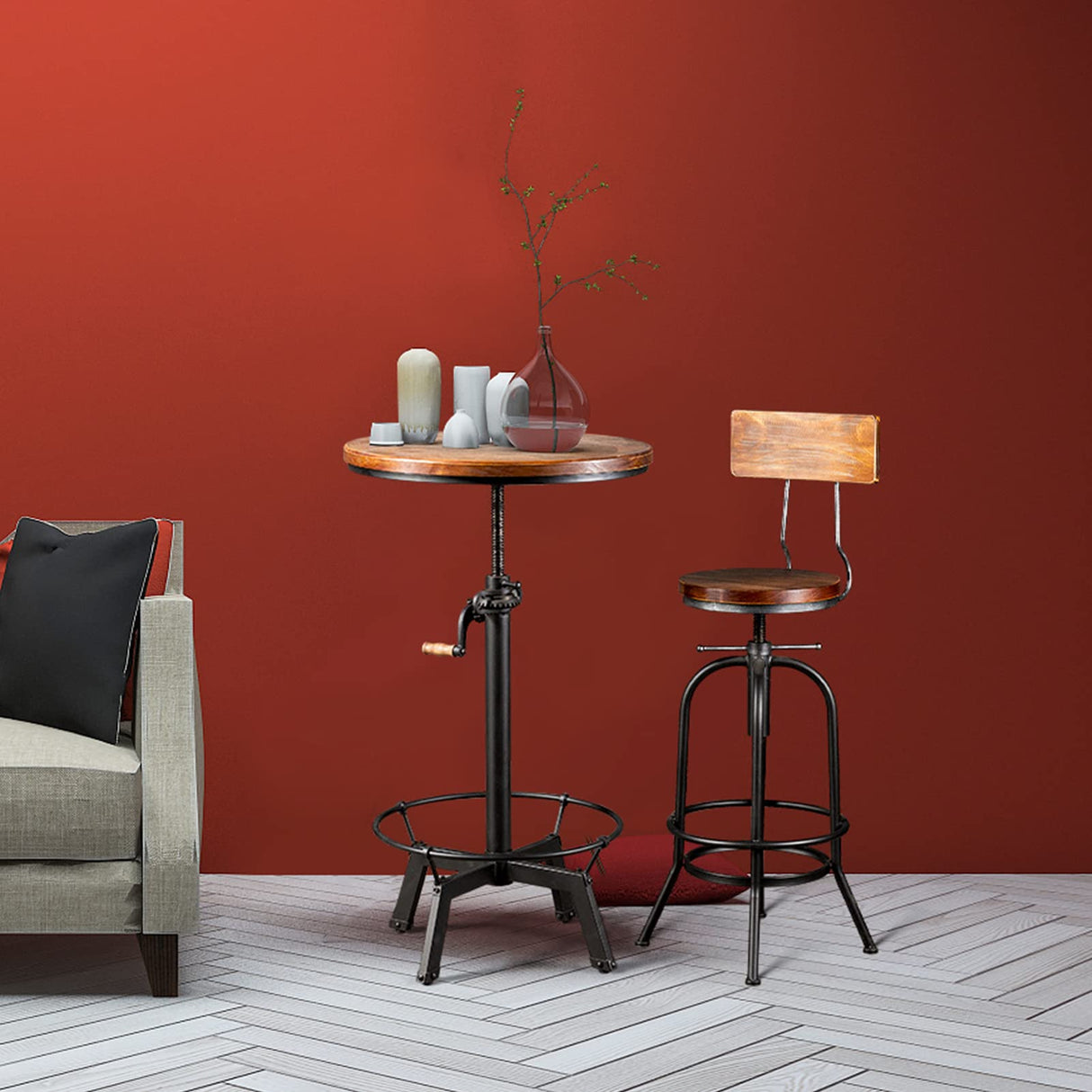 LOKKHAN Adjustable Industrial Bar Table with Swivel Top - Vintage Style Bistro Table with Crank Handle LOKKHAN