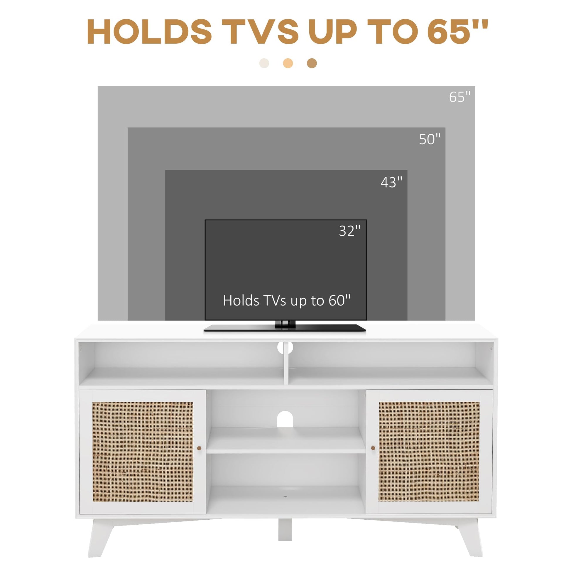 HOMCOM Boho TV Stand for 65 Inch TVs, Entertainment Center with Storage, Media TV Console Table with Rattan Doors, Adjustable Shelves and 2 Cord Holes for Living Room, White - WoodArtSupply