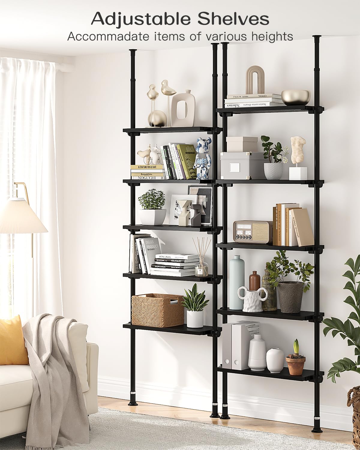 ALLZONE Adjustable 5-Tier Narrow Ladder Bookshelf with Tension Mount for Modern Spaces, Black - WoodArtSupply