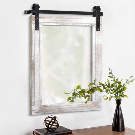AAZZKANG Large Wall Mirror Barn Door Style Decor Rustic Wood Mirror 30"x22" Rectangle Farmhouse Bedroom Bathroom Mirror AAZZKANG