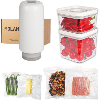 2025 New Handheld Vacuum Sealer for Food storage, Sous Vide and Meal Prep. 1 vacuum machine 2 compact containers and 4 reusable bags, 7-piece Set. Extending freshness up to 5 times longer