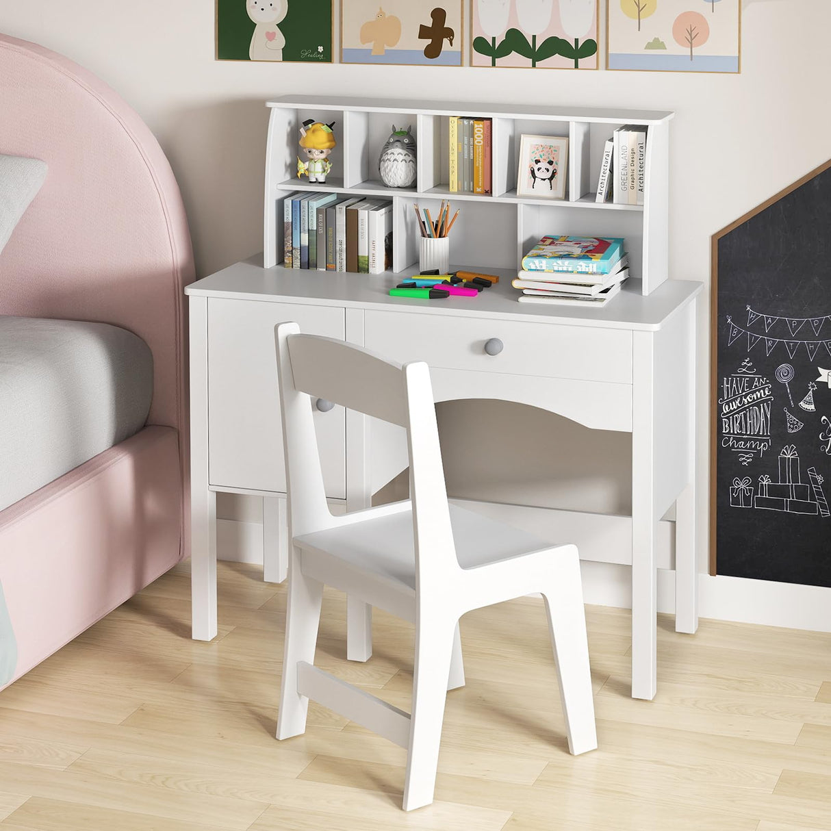 Costzon Kids Desk and Chair Set, Wooden Kids Study Desk with Hutch, Large Cabinet & Drawer for Writing, Reading, Drawing, Student Computer Workstation for Home School, Desk for Kids Ages 3+ (White) Costzon