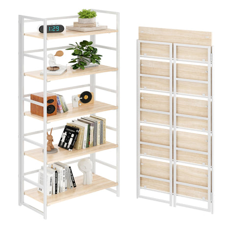 BHG Vintage Multifunctional Folding Bookshelf, No-Assembly Plant Stand Storage Rack Shelves for Home Office (White, 5-Tier) BHG