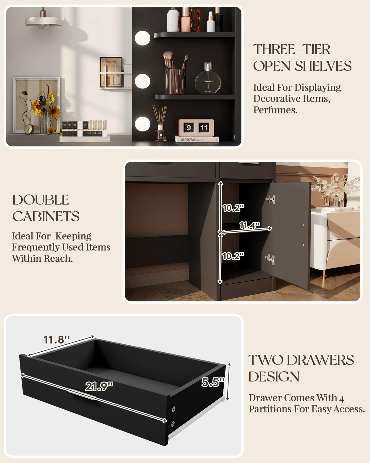 LIVELYGLOW Vanity with Lights, Makeup Vanity with Mirror, 3 Lighting Modes, for Bedroom, Black LIVELYGLOW