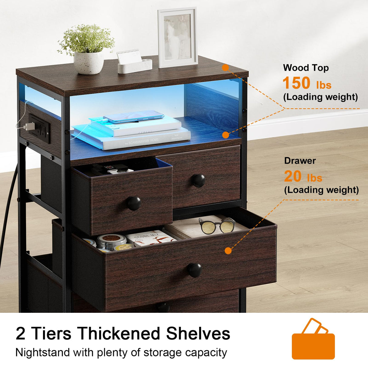 REAHOME Nightstand with Charging Station and LED Light, Tall Brown Night Stand with 4 Drawers and 2-Tier Shelf, Modern End Table with Wooden Top for Bedroom, Living Room, Hallway - Rustic Brown REAHOME