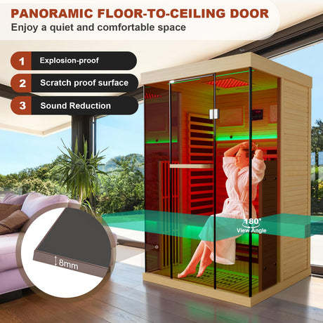 MEISSALIVVE Full Spectrum Infrared Sauna，1-2 Person Home Sauna，Wooden Canadian Hemlock Indoor Spa Sauna with Resonance Speaker, Panoramic Tempered Glass Door MEISSALIVVE