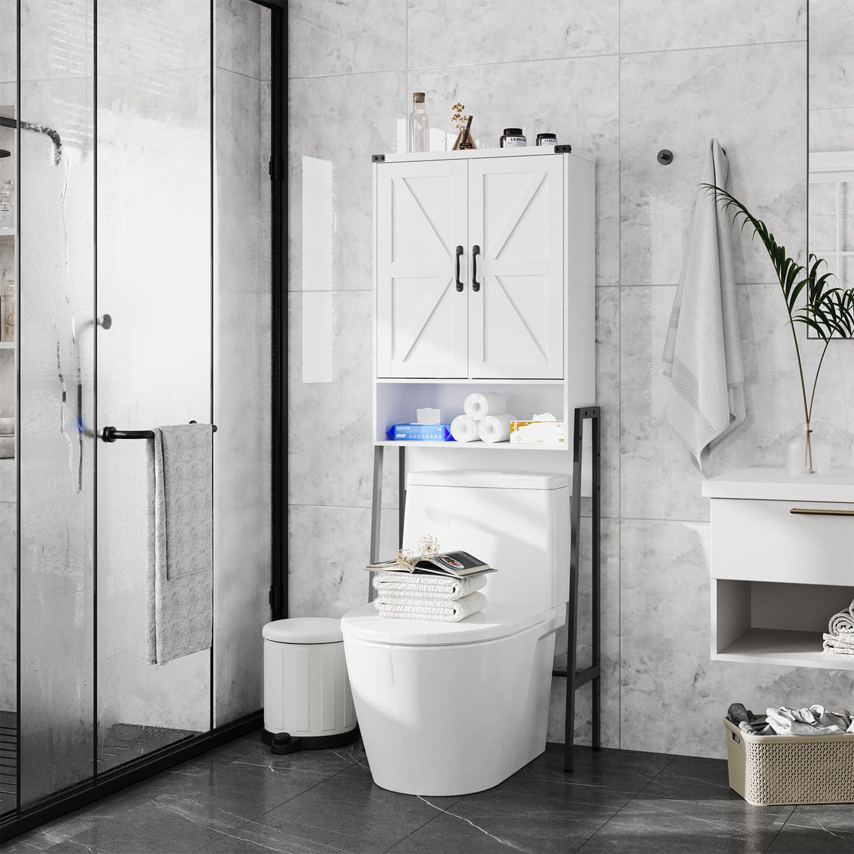 Over Toilet Storage with 2-Door Design Over The Toilet Storage Cabinet with Shelves Bathroom Organizers and Storage with Anti-Tip Device Over Toilet Organizer for Bathroom,Restroom,Laundry White Vabches