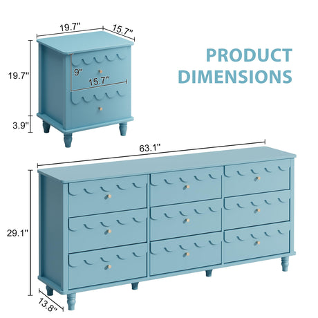 Anbuy Bedroom Set 3 PCS Scalloped 9 Drawer Dresser and Night Stand Sets for Bedroom, Two Drawers Nightstand Set of 2 & Scalloped 9 Drawer Dresser Combo 3 Pieces (Blue) Anbuy