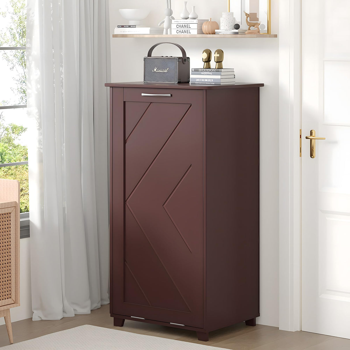 VECELO Tilt Out Kitchen Trash Bin Cabinet, Dog Proof Garbage Can with Wood Holder Free Standing Recycling, Brown VECELO