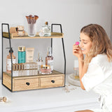 Bathroom Counter Organizer with Drawer, Countertop Makeup Organizer for Vanity, Wood Tray for Perfume Skincare Organizer, 2-Tier Multi-Purpose Shelf for Kitchen Bathroom Organizers and Storage Lzhevsk