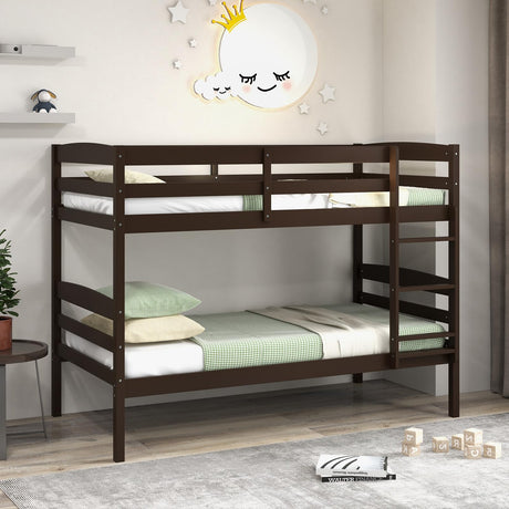 KOMFOTT Convertible Twin Over Twin Bunk Bed with Guardrail & Ladder, Space-Saving Wood Design KOMFOTT