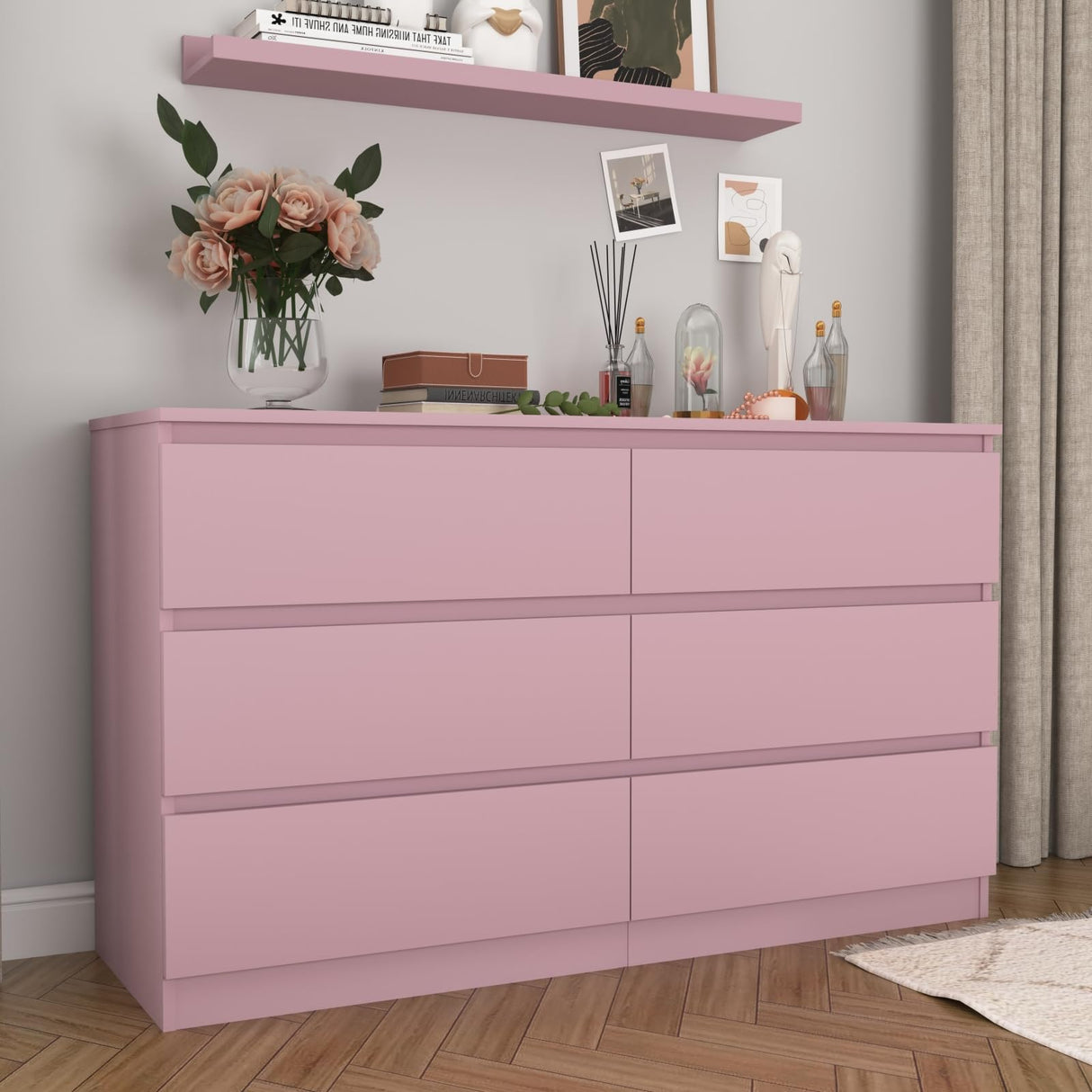 Vibe & Dine 6 Drawer Double Dresser, Modern Chest of Drawers with Wide Storage for Closet, Bedroom, Living Room, Pink Vibe & Dine
