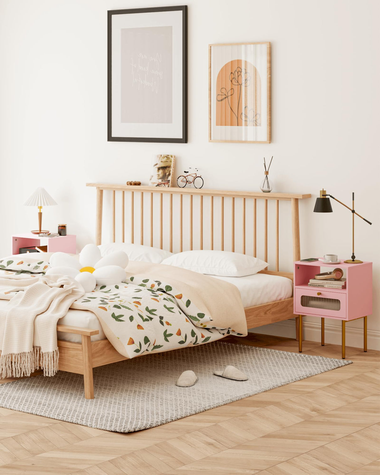 Leomonio Nightstand,Modern Beside Table with Storage Drawer and Open Wood Shelf,Small End Side Table with Glass Decorative Door and Gold Frame,for Living Room,Bedroom (Pink) Leomonio