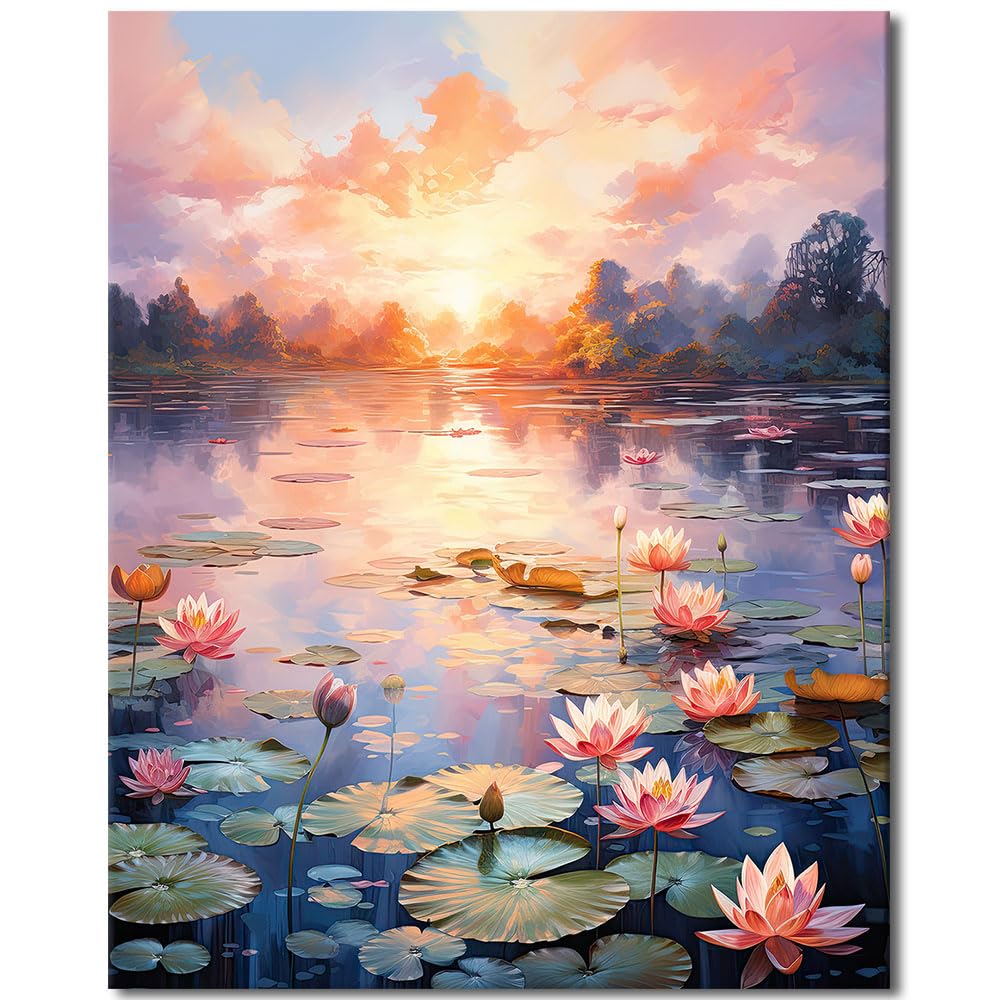 Water Lilies Painting by Numbers for Adults, Paint by Number Kit, Sunset Over The Lake Paint by Numbers Kit for Adults Beginner, Frameless Paints by Number for Gift Home Wall Decor TUMOVO