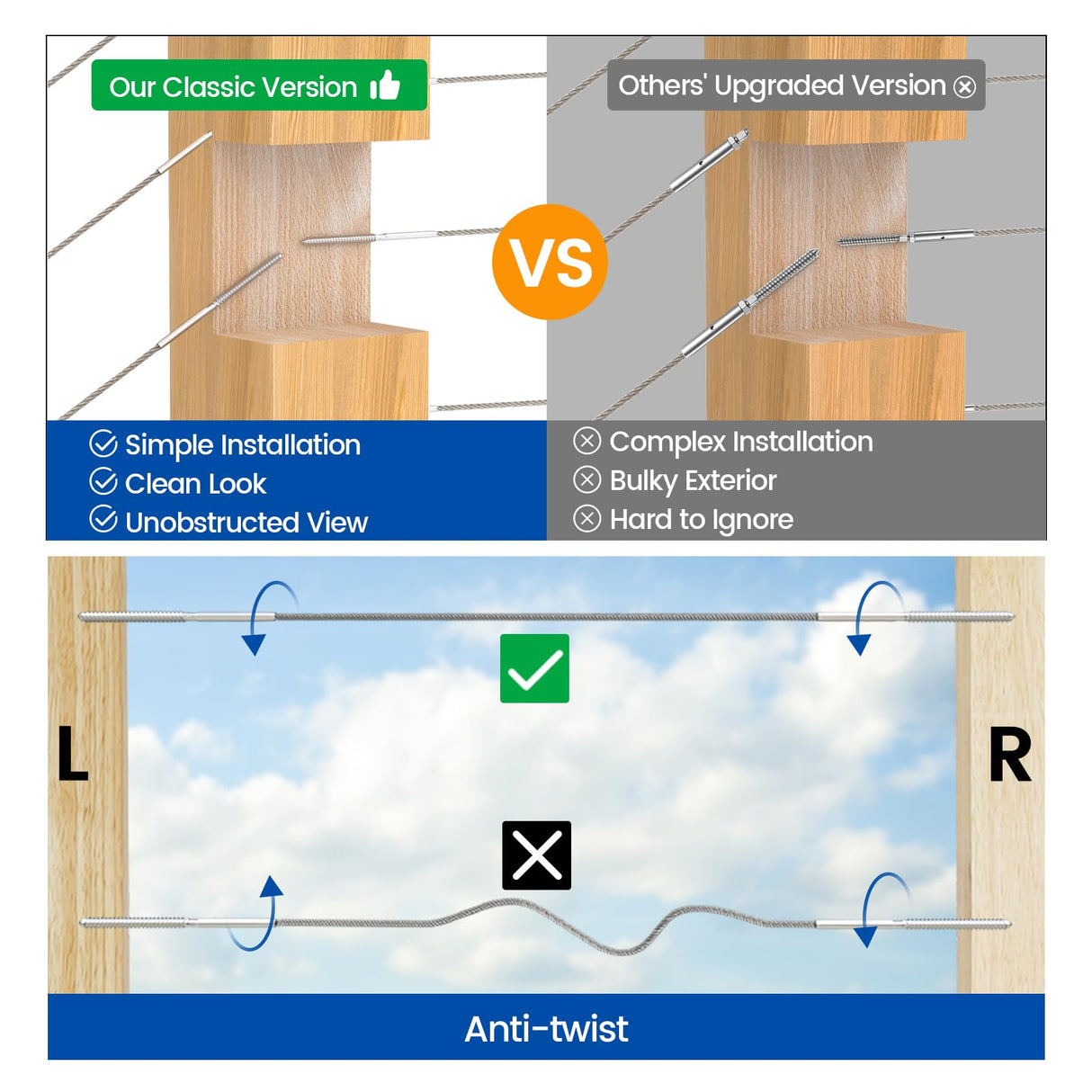 Muzata 120 Pack 1/8" Cable Railing Hardware Kit Swage Lag Screws Left and Right Handed Thread for Wood Post T316 Stainless Steel Deck Cable Railing System 60 Pairs CK17 Muzata