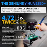 YIHUA 939D+ Digital Soldering Station, 75W Equivalent with Precision Heat Control (392°F to 896°F) and Built-in Transformer. ESD Safe, Lead Free with °C/°F display (Black) YIHUA