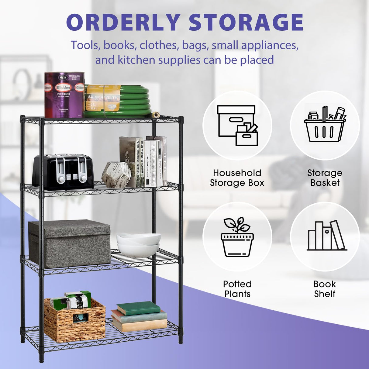 PayLessHere | 4-Tier Wire Shelf | 36"x14"x54" | Black | Adjustable Racks | Heavy-Duty Storage Shelves, Holds Upto 1000 lbs | Rust-Resistant, No-Tool Assembly | for Home, Garage Shelving PayLessHere