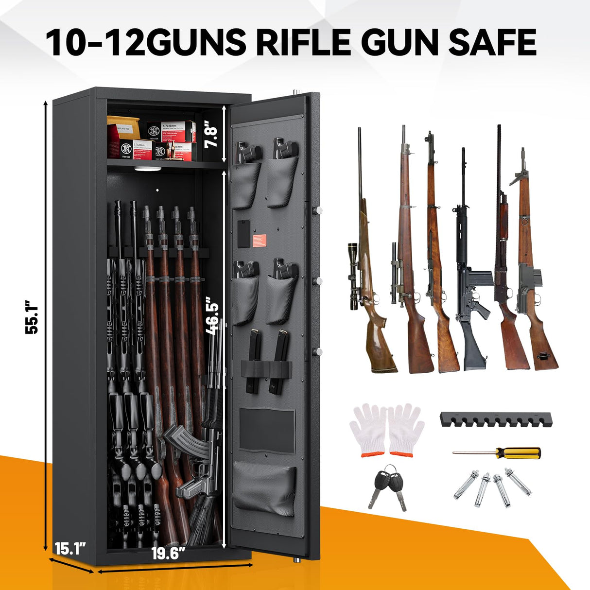 KAER 12-15 Gun Safe, Rifle Safe, Large Gun Safe for Rifles and Pistols, Rifle Safe for Home, Quick Access Gun Cabient with Digital Keypad, Gun Safes with Adjustable Shelves and Pistol Pockets KAER