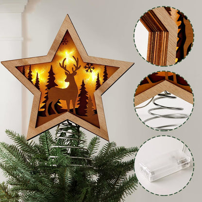 Treory Christmas Star Tree Topper, Rustic Reindeer Wooden Tree Toppers with Warm Lights, Battery Operated LED Christmas Tree Decorations, Christmas Tree Topper Star Lighted for Indoor Home Display