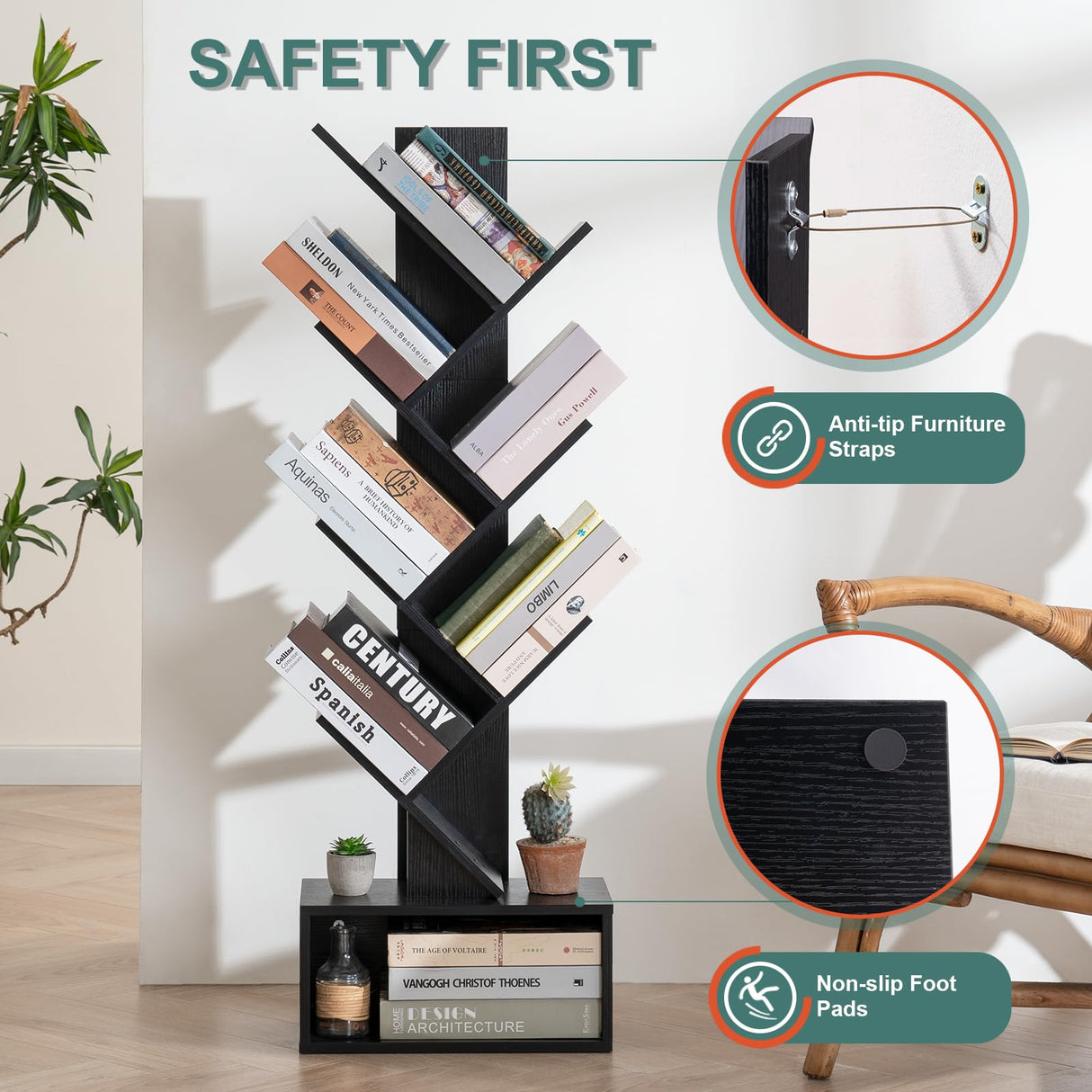 Yoobure Tree Bookshelf - 6 Shelf Retro Floor Standing Bookcase, Tall Wood Book Storage Rack for CDs/Movies/Books, Utility Book Organizer Shelves for Bedroom, Living Room, Home Office, Black Yoobure