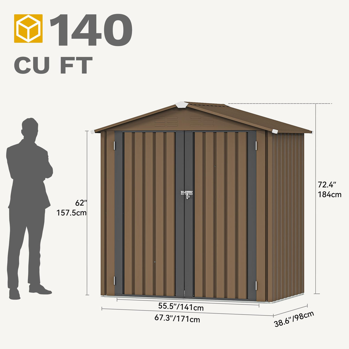 DWVO 6x4ft Storage Shed for Outdoors, Metal Sturdy Weatherproof Tool Locker with Secure Door and Ventilation for Equipment, Mowers, Bikes, Outdoor Spaces, Brown DWVO