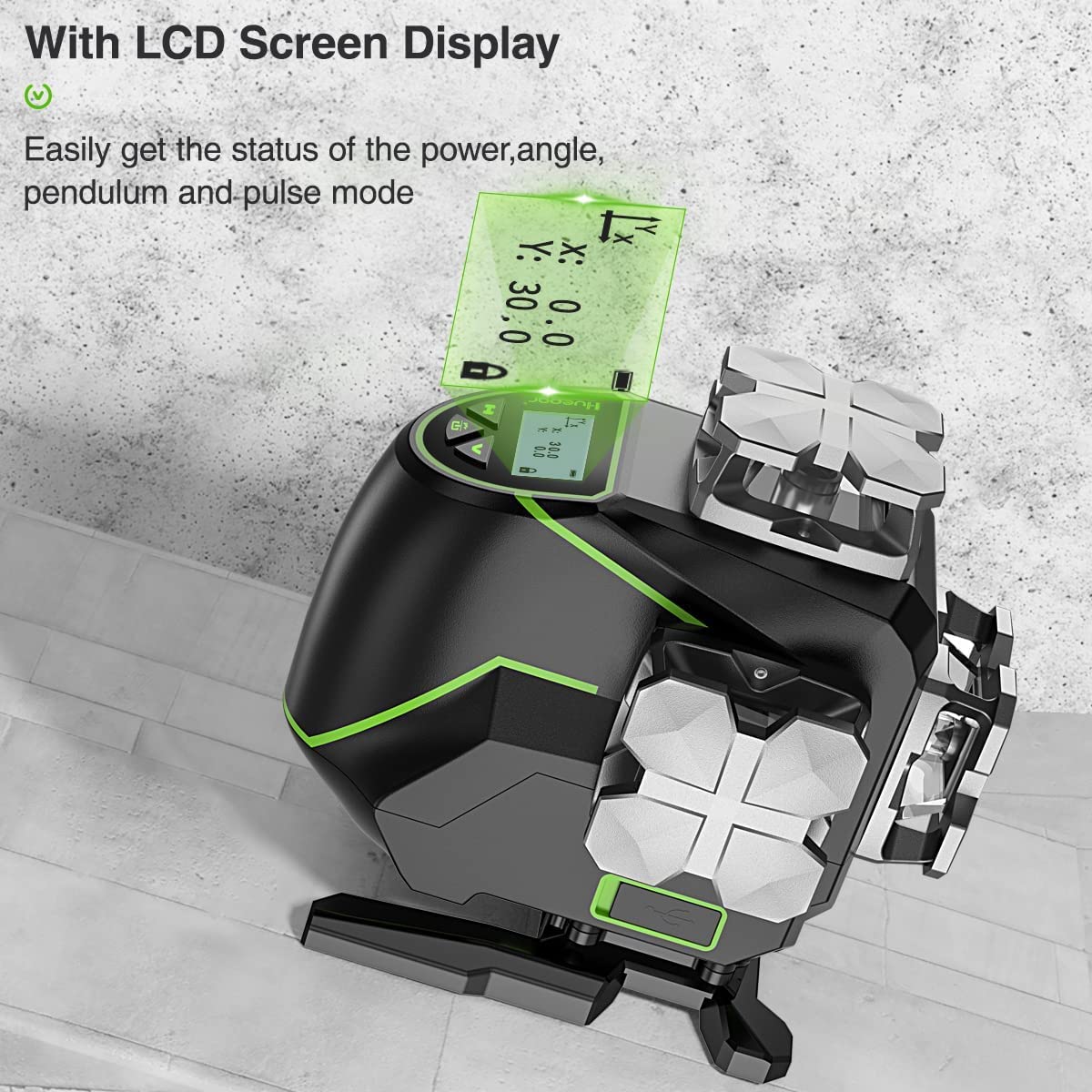 Huepar 16 Lines Self-Leveling Laser Level 4x360° Cross Line Laser with Receiver -LCD Screen, 4D Bluetooth Green Beam Tiling Floor Laser Tool, 360° Huepar