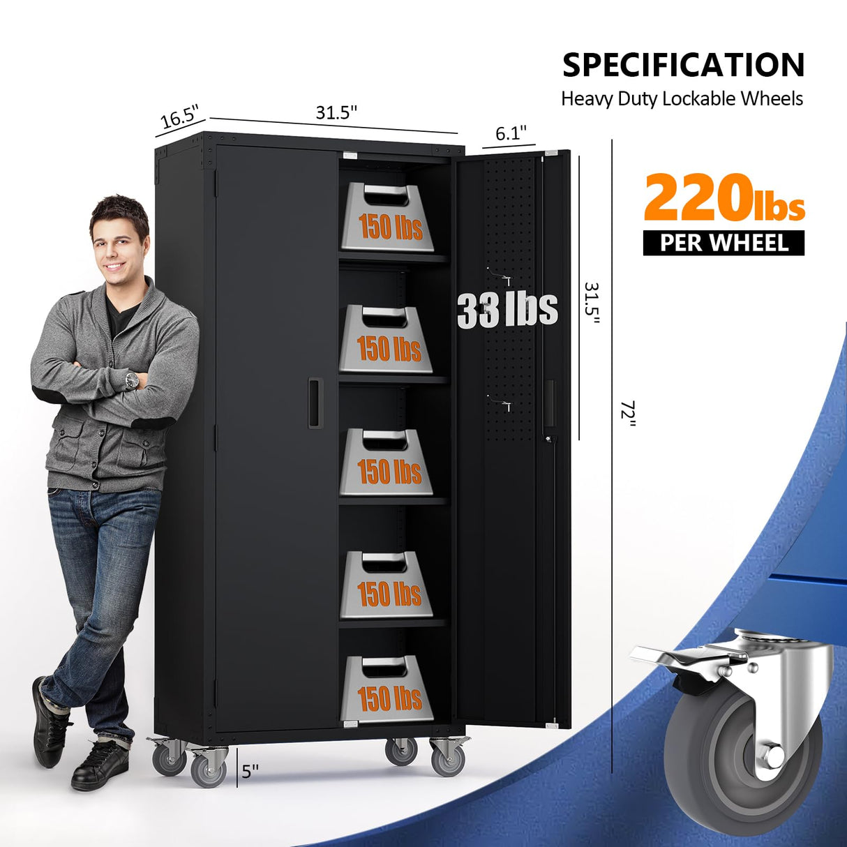 VINGLI 72'' Tall Garage Storage Cabinet, Metal Storage Cabinet with Pegboards, Wheels, Locking Doors and Adjustable Shelves (Black, 32''W x 16''D x 72''H) VINGLI