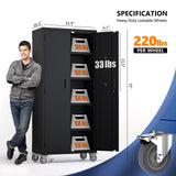 VINGLI 72'' Tall Garage Storage Cabinet, Metal Storage Cabinet with Pegboards, Wheels, Locking Doors and Adjustable Shelves (Black, 32''W x 16''D x 72''H) VINGLI