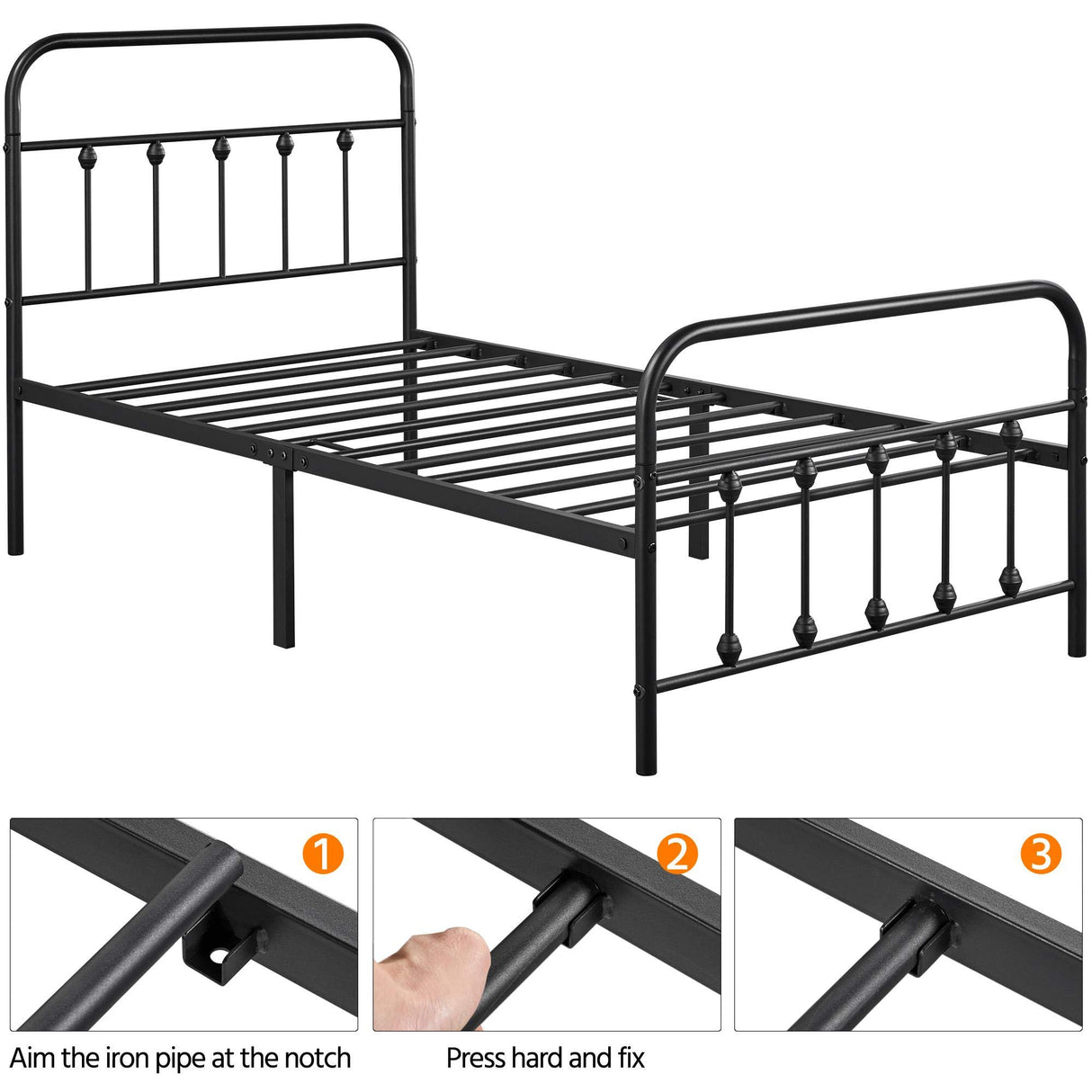 Topeakmart Twin Size Victorian Style Metal Bed Frame with Headboard/Mattress Foundation/No Box Spring Needed/Under Bed Storage/Strong Slat Support Black Topeakmart