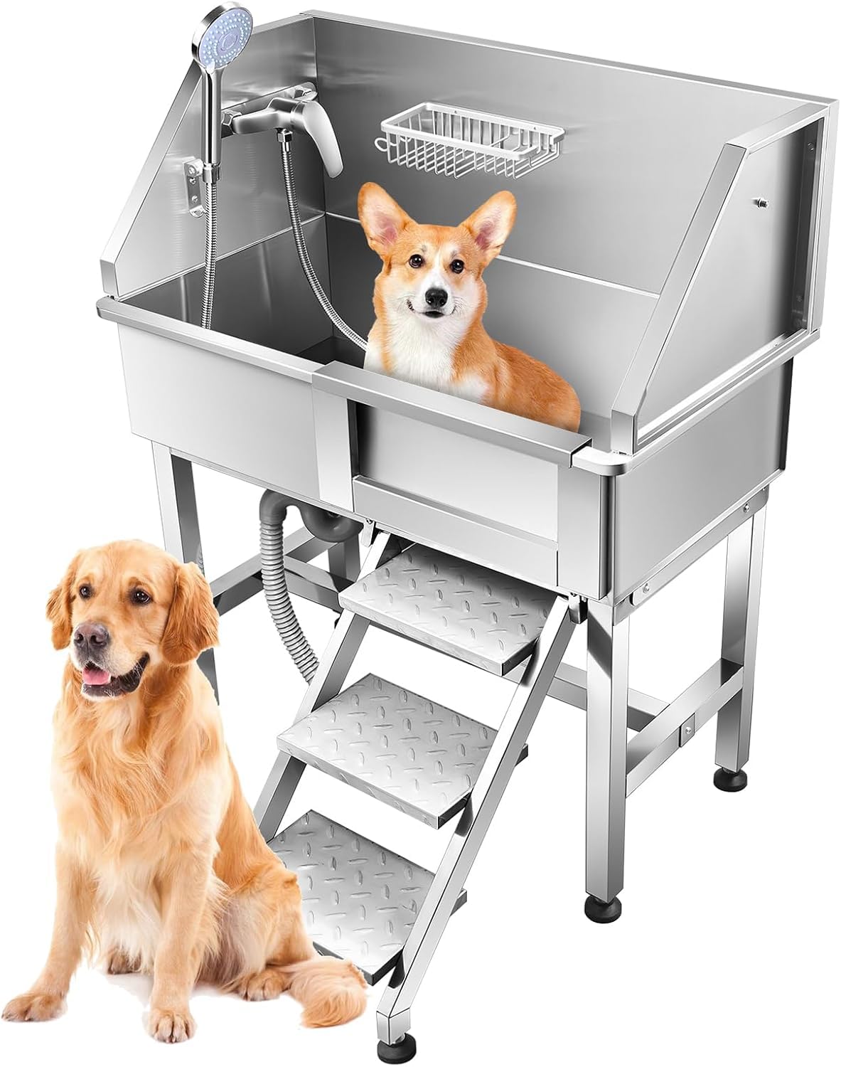 34 inch Dog Grooming Tub Station, Professional Dog Washing Station Stainless Steel Wash Shower Sink for Small Dogs with Walk-in Ramp,Sliding Door, Faucet Removable Pet Wash Station Bathtub(Right Door)