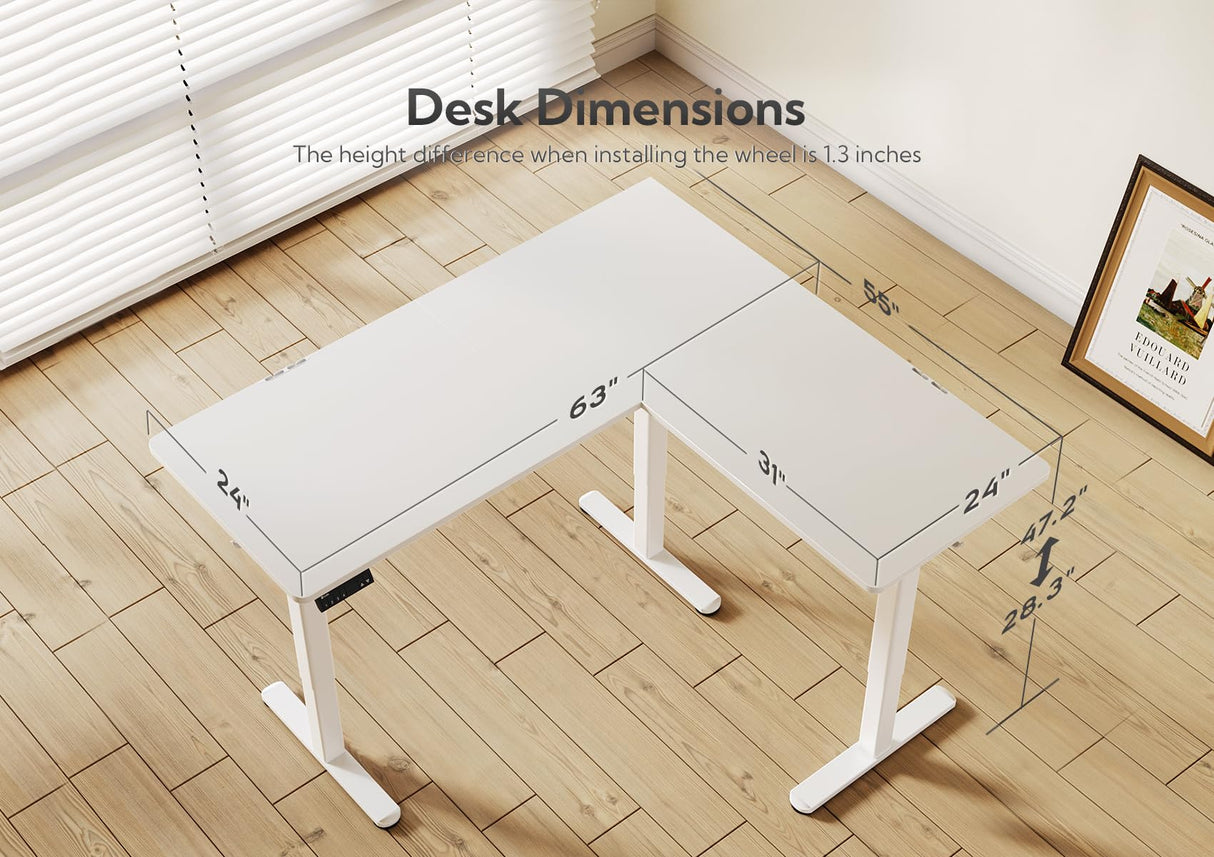 Claiks L Shaped Standing Desk Adjustable Height, Dual Motor Electric Corner Standing Desk, 63x55 inch Sit Stand up Desk with Splice Board, White Claiks