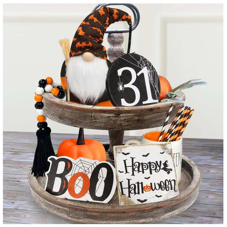 Halloween Decor - Halloween Decorations - BOO Happy Halloween Wooden Signs - Cute Gnomes Plush and Bead Garland - Farmhouse Rustic Tiered Tray Decor Items for Home Table House Room ORIENTAL CHERRY