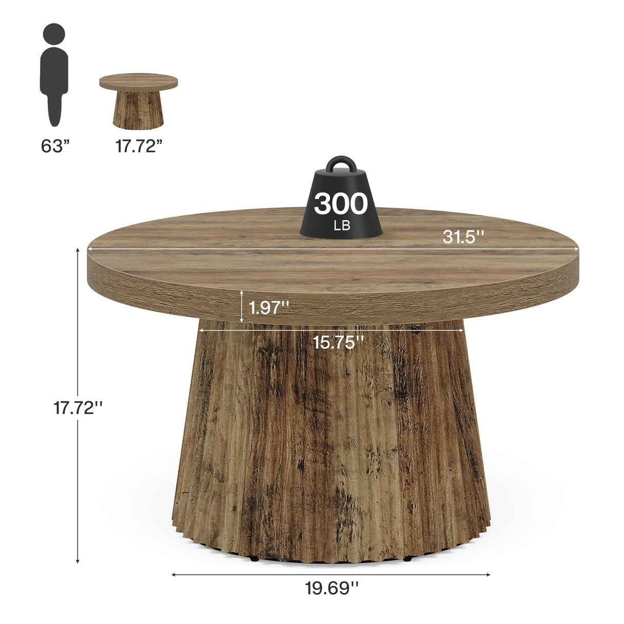 Tribesigns Coffee Table, 31.5" Small Farmhouse Round Coffee Tables with Fluted Drum Base, Mid Century Modern Boho Accent Center Table for Living Room, Apartment, Small Space, Brown Tribesigns
