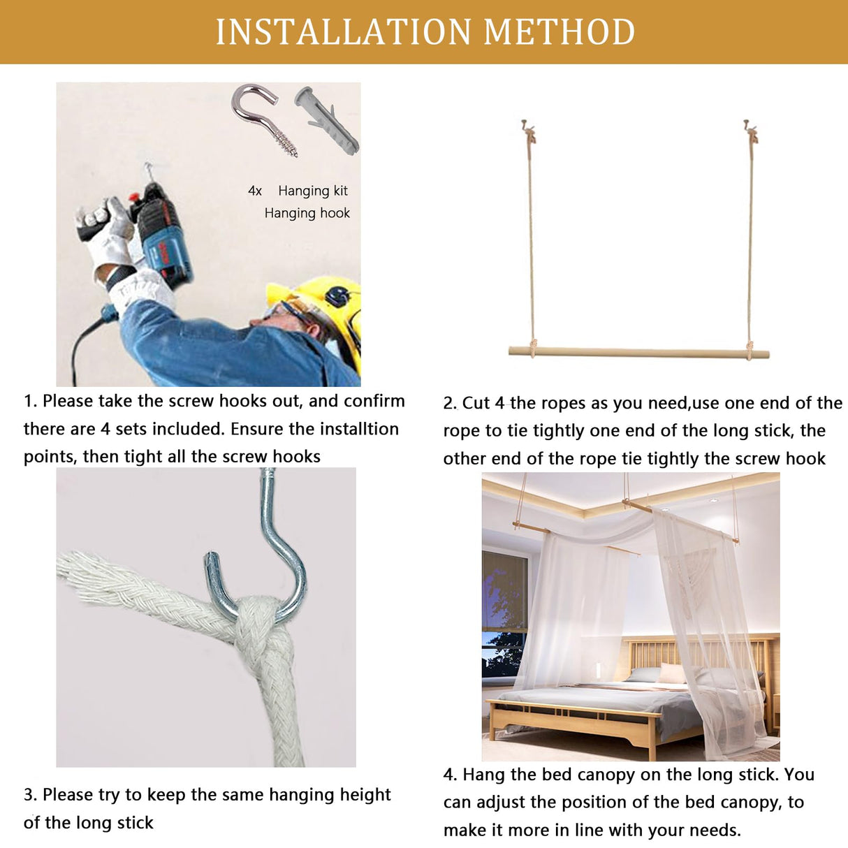 Bed Canopy for Girls & Adults, King to Twin Sizes - White Tulle Canopy Bed Curtains with Frame, 59" x 255" Comtelek