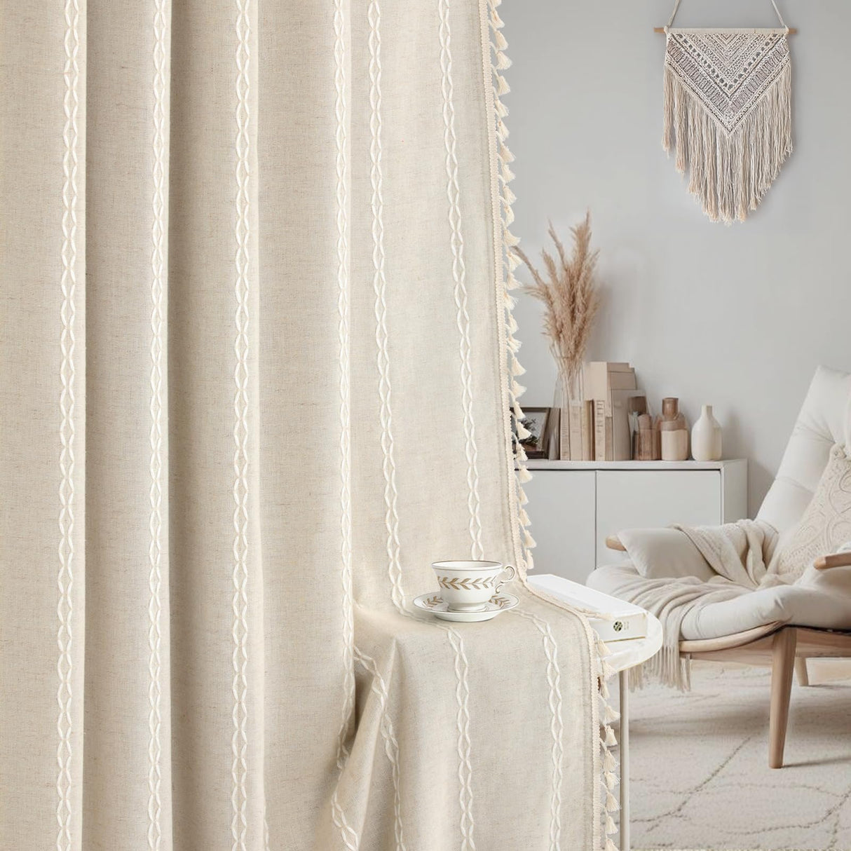 XOGUIBO Boho Blackout Curtains 2 Panels 84 Inch for Living Room Bedroom, Beige Linen Texture Farmhouse Curtains with Tassels and Cotton Embroidery Vintage Rustic Western Rod Pocket XOGUIBO