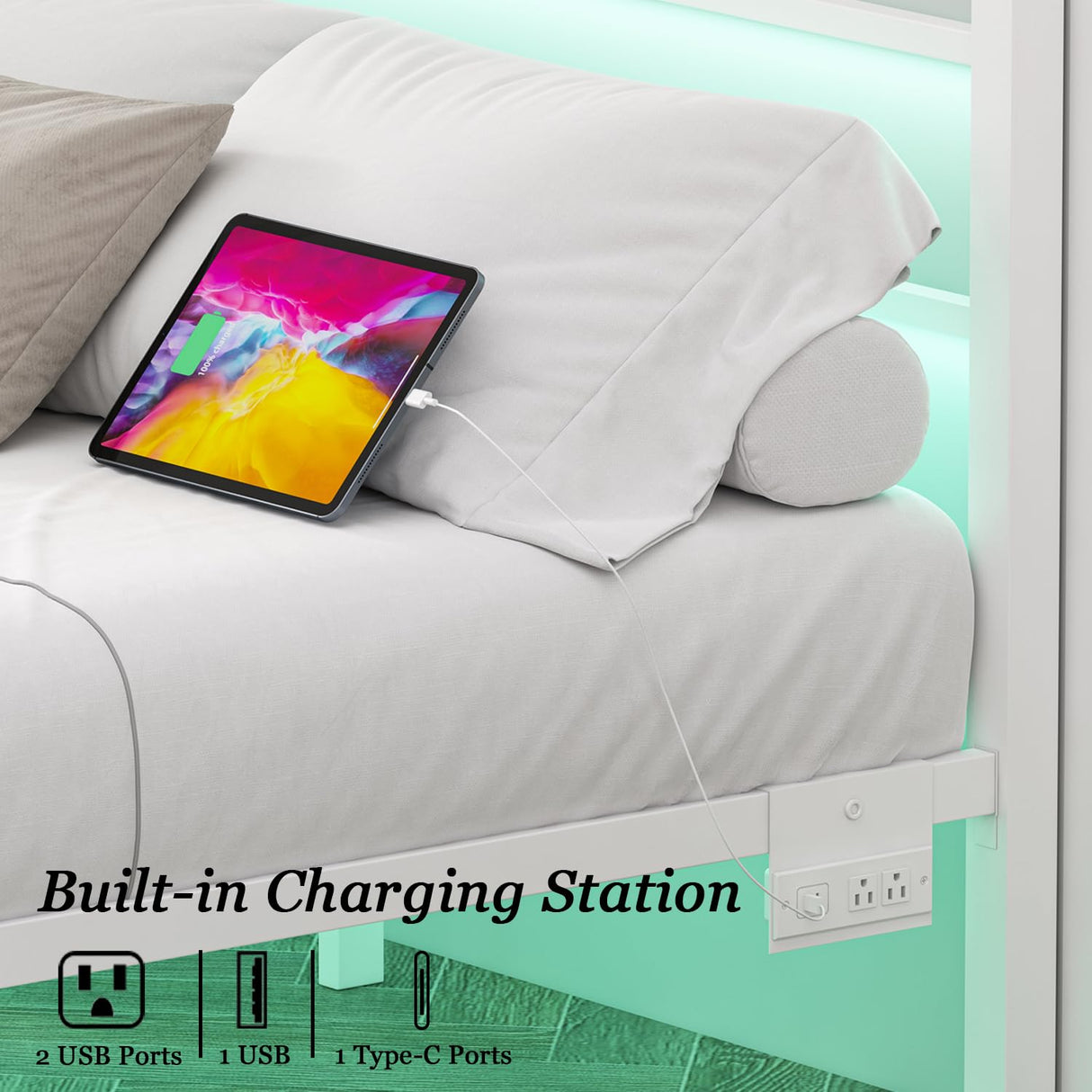 Full Size Bed Frame with Charging Station & LED Lights, Full Metal Platform Bed Frame with Headboard and Footboard, Storage Space Under Bed, No Box Spring Needed, Noise Free, Easy Assembly, White Jenmit