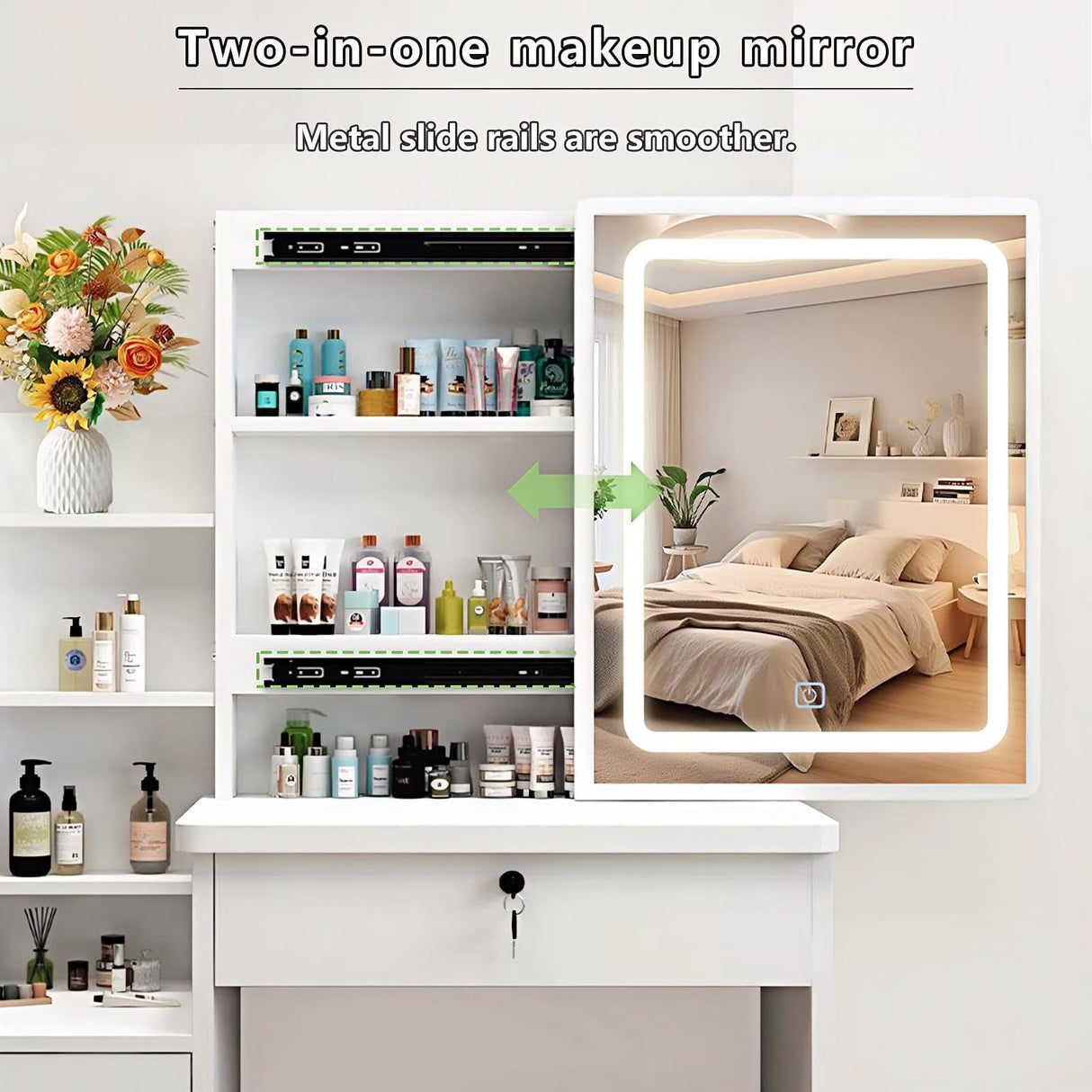 MONGMON Vanity Desk with Mirror and Lights, 3 Lighting Modes, European Style Dressing Table with Drawers, with Open Storage Shelves,Makeup Vanity Table for Bedroom,Gifts for Girls and Women, White MONGMON