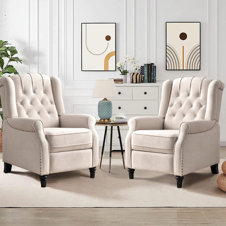 CANMOV Push Back Recliner Chair Set of 2, Elizabeth Fabric Recliner with Tufted Back Home Theater Seating w/Padded Seat and Nailhead Trim, Wooden Legs, Adjustable Single Sofa，White CANMOV