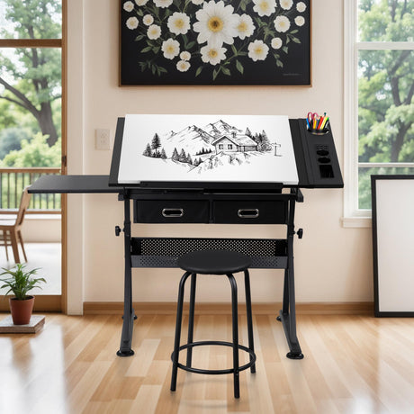 ZENY Adjustable Drafting Table with Stool, Tilting Drawing Desk Artist Table with Storage Drawers, Art Craft Workstation for Home Office Reading, Writing, Crafting ZENY