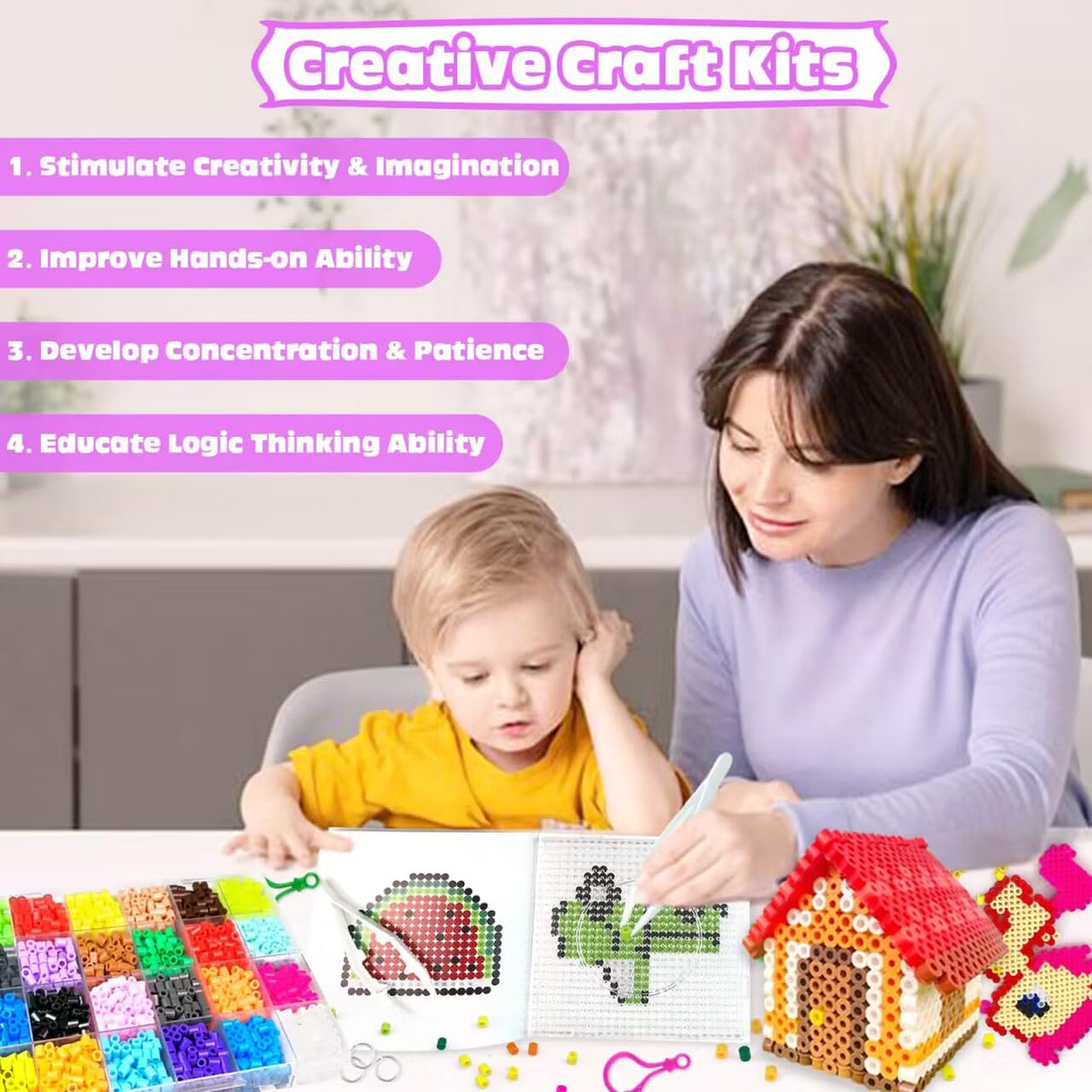 Fuse Beads Kit - 48 Colors 5mm Fuse Beads Set with Pegboards, Ironing Papers and Accessories, Fuse Beads 2 Boxes, DIY Craft Kits for Kids, Arts and Crafts Gifts for Girls & Boys Christmas Birthday AJAZPER